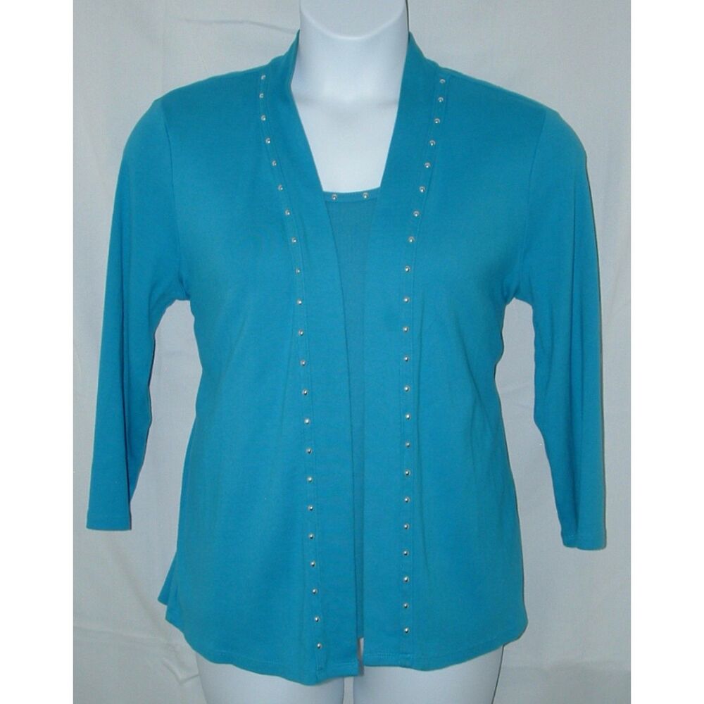 Blue Sz XL Soft Stretchy Cotton Studded Open Jacket & Tank Top 2 Pc Set RAFAELLA